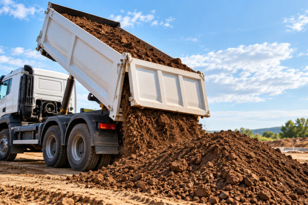 Dump Truck Unloading Soil on a Construction Site